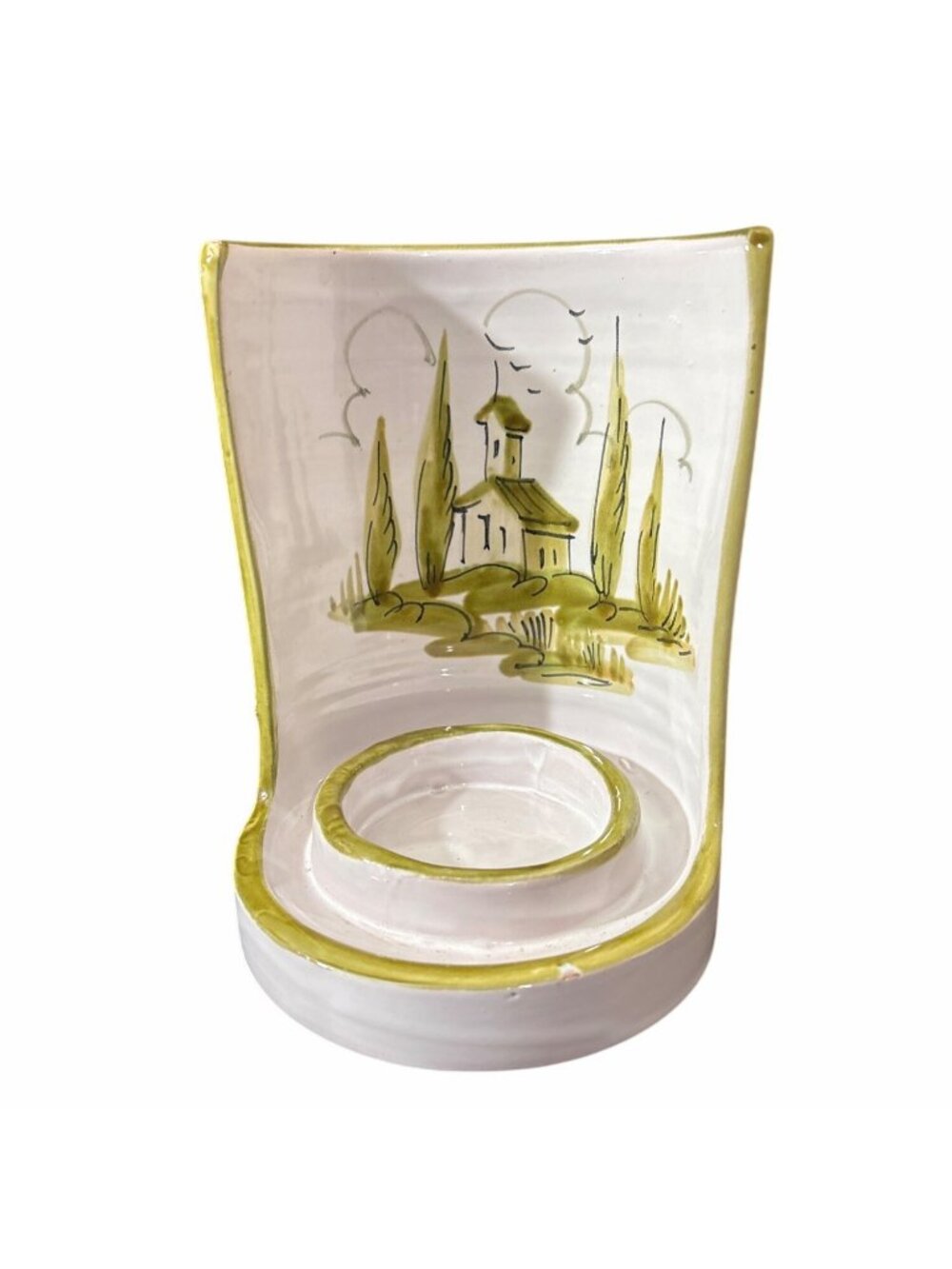 Candle Holder Chamberstick Signed Italy # 2568 Green Painted House with Trees - Picture 3 of 10